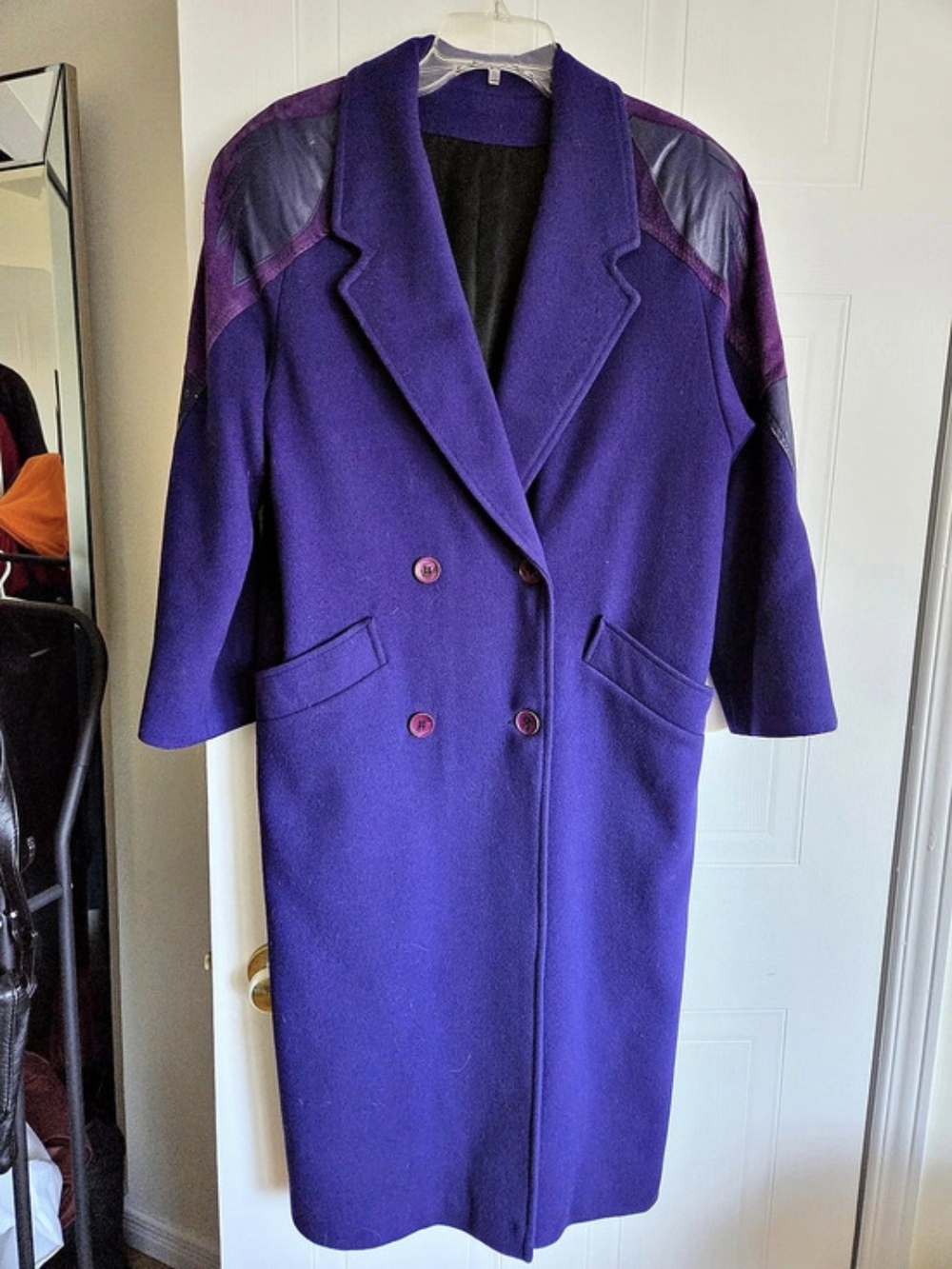 Vintage 80s Braemar Purple Wool Leather Suede Patchwork Long Coat